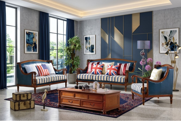 Amerikanesch Sofa Garnitur Ledersofa Couch Polster 321 Sëtzer Holz Empire Miwwelen