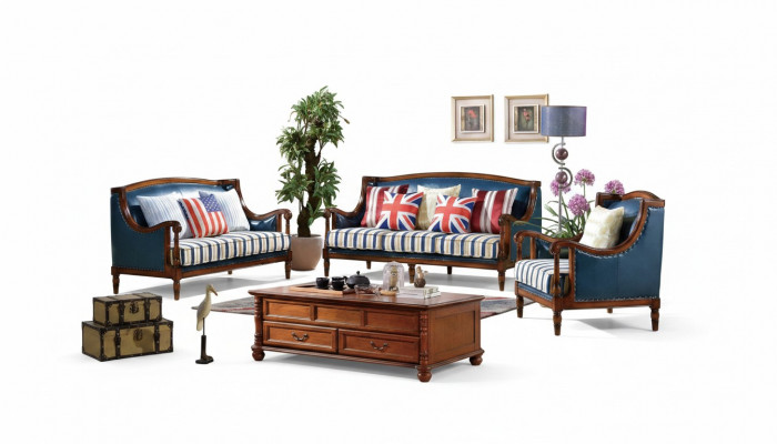 Amerikanesch Sofa Garnitur Ledersofa Couch Polster 321 Sëtzer Holz Empire Miwwelen