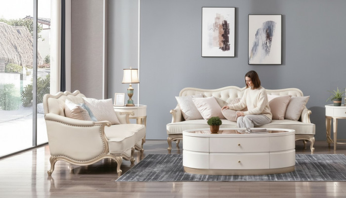 Klassesch Chesterfield Couch 3+2 Sëtzer Sofa Couchen Miwwelen Beige