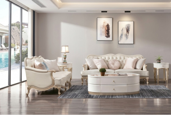 Klassesch Chesterfield Couch 3+2 Sëtzer Sofa Couchen Miwwelen Beige