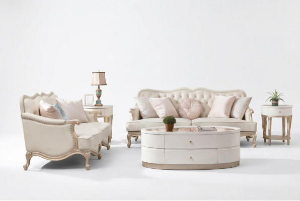 Klassesch Chesterfield Couch 3+2 Sëtzer Sofa Couchen Miwwelen Beige
