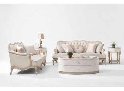 Klassesch Chesterfield Couch 3+2 Sëtzer Sofa Couchen Miwwelen Beige