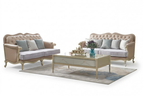 Beige Chesterfield Couch-Set 3+2 Sëtzer Designer Wunnzëmmer Couches 2-teileg Set