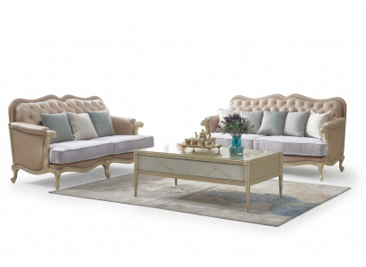 Beige Chesterfield Couch-Set 3+2 Sëtzer Designer Wunnzëmmer Couches 2-teileg Set