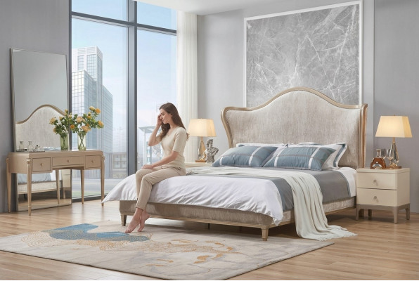Luxus Modern Bett 2x Nuetsdëscher Better Holz Bettgestell Schlofkummer Sëlwer Nei