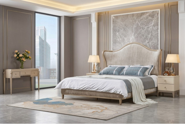 Luxus Modern Bett 2x Nuetsdëscher Better Holz Bettgestell Schlofkummer Sëlwer Nei