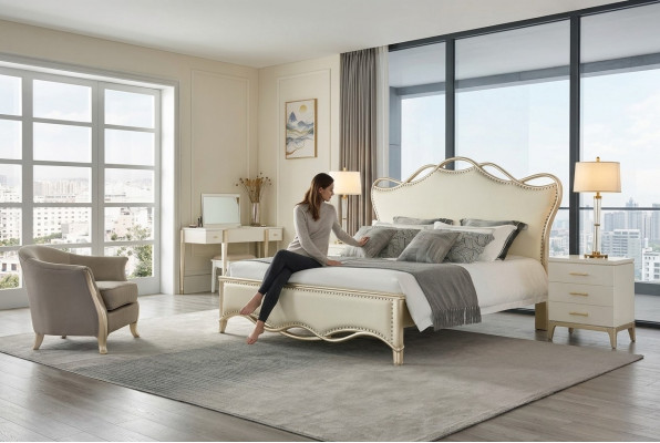 Design Bett Schlofzëmmer Better Textil Luxus Gepolsterte Sëtz Stoff Beige Miwwelen Neit