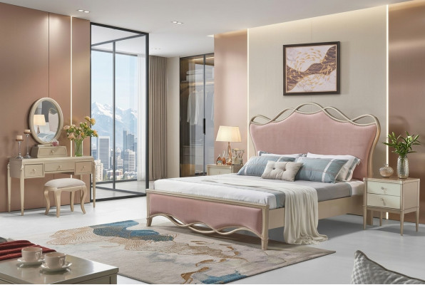 Design-Schlofzëmmer-Bett Luxusbetter Lieder Rosa Duebel Gepolstert Miwwelen Textil Neijoer.