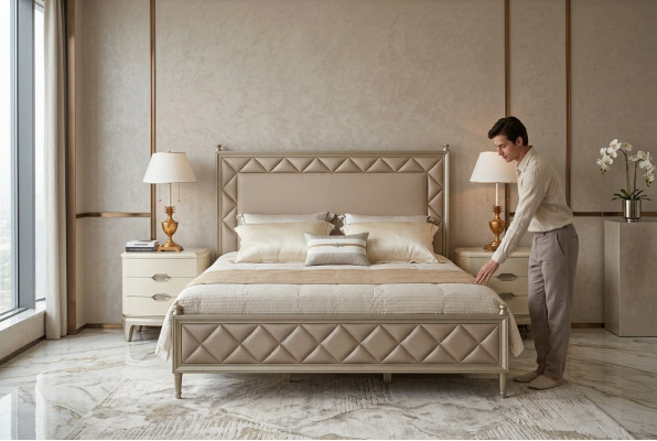 Schlofzëmmer Bett Këssen Design Miwwelen Luxus Duebel Beige Better Lieder
