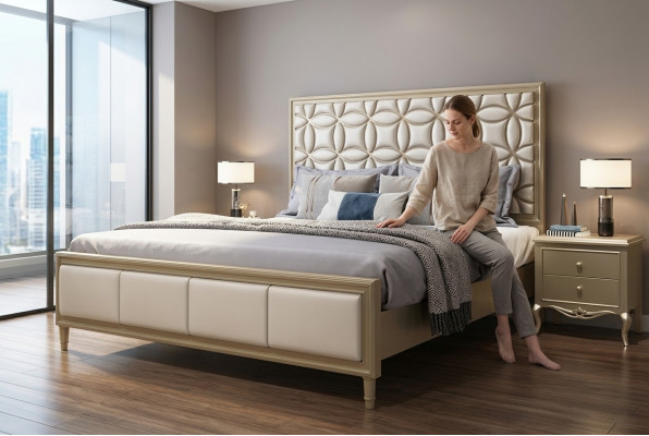 Bett Betten Duebelbett Schlofkummer Konschtléder Gestofféiert Beige Duebelbetter Neit