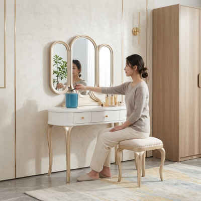 Schminktisch mat Spigel Luxus Konsol Kommode Hocker Komplett Set