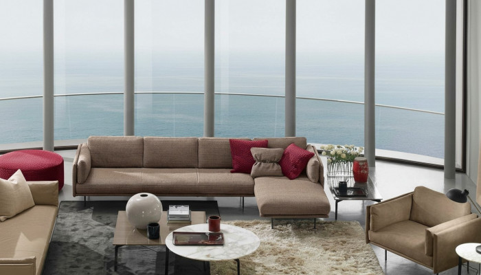 Braune Eck-Couch an L-Form Design Polster Modern Textil Wunnzëmmer