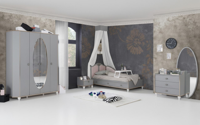 Kannerzëmmer Design Set Bett Nuetsdësch Kommode Kleederschaf 4 Stéck.
