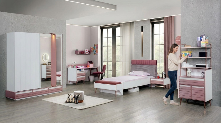 Kandenzëmmer Set 7-Deeler Luxus Bett Nuetsdësch Kommode Kleederschaf Wandregal