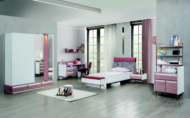 Kandenzëmmer Set 7-Deeler Luxus Bett Nuetsdësch Kommode Kleederschaf Wandregal