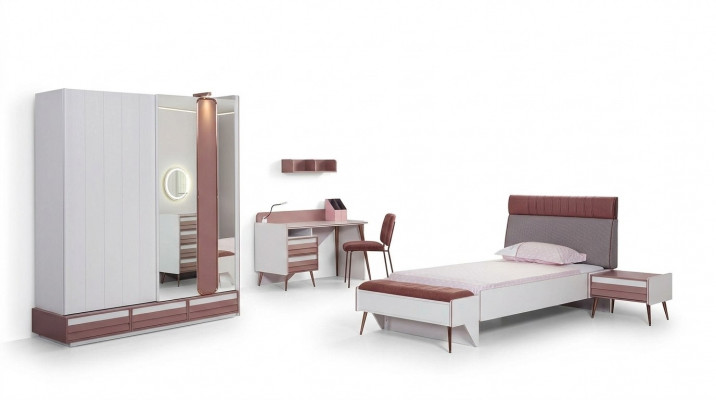 Kandenzëmmer Set 7-Deeler Luxus Bett Nuetsdësch Kommode Kleederschaf Wandregal