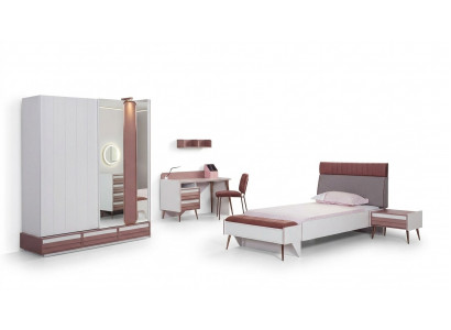 Kandenzëmmer Set 7-Deeler Luxus Bett Nuetsdësch Kommode Kleederschaf Wandregal