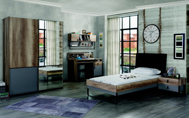 Modern Jugendzëmmer Set Bett Nuetsdësch Dësch Schlofzëmmer Wandregal 6 Stéck.