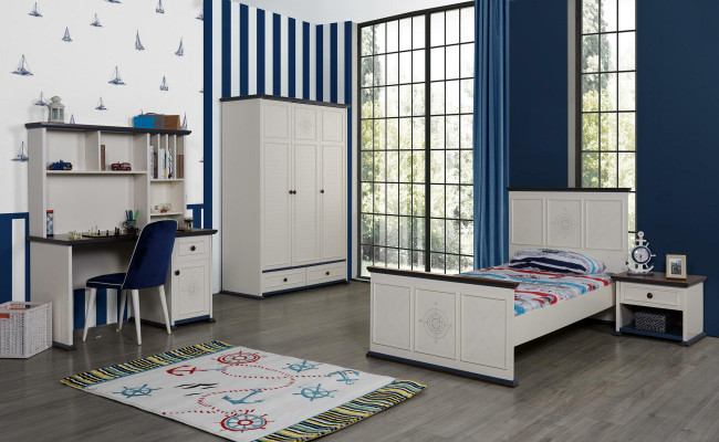 Kannerzëmmer Komplett Set Bett Nuetsdësch Kleederschaf Kommode Spigel 6 Deeler