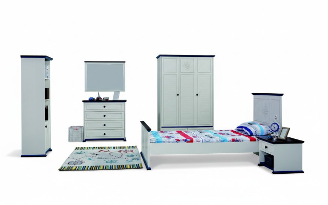 Kannerzëmmer Komplett Set Bett Nuetsdësch Kleederschaf Kommode Spigel 6 Deeler
