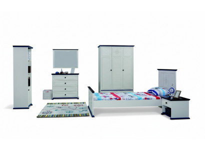 Kannerzëmmer Komplett Set Bett Nuetsdësch Kleederschaf Kommode Spigel 6 Deeler