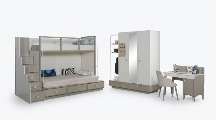 Kannerzëmmer Schlofzëmmer Set Holz Miwwelen Etagenbett Héichbett Dësch 3 Deeler.