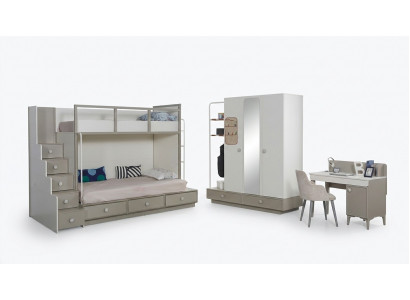 Kannerzëmmer Schlofzëmmer Set Holz Miwwelen Etagenbett Héichbett Dësch 3 Deeler.