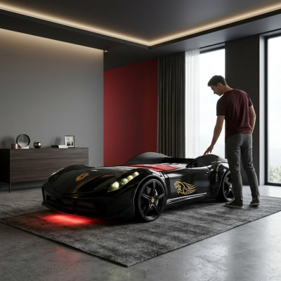 Kanner Miwwel Bett Schlofzëmmer Renn Auto Won Holz Better Schwaarz Neit