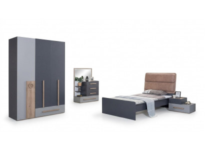 Jugendzëmmer Set Grau Bett Nuetsdësch Kleederschaf Design Nei 4tlg.
