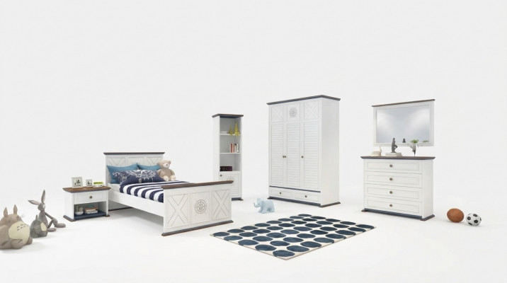 Komplett Jugendzëmmer: Eenzele Bett, Kleederschaf, Kommode mat Spigel Design, 6-Deeler.