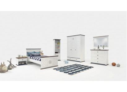 Komplett Jugendzëmmer: Eenzele Bett, Kleederschaf, Kommode mat Spigel Design, 6-Deeler.
