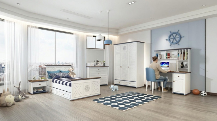 Luxus Jugendzëmmer Set Bett Nuetsdësch Kleederschaf Miwwel 5-Stéck. Nei