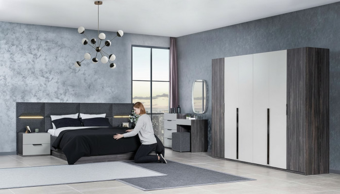 Schlofkummer Set Miwwelen Bett 2x Nuetsdësch Kleederschaf Miwwelen Komplett Set 5tlg