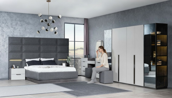 Komplett Schlofkummer Miwwel Set Bett 2x Nuetsdësch Schminktisch Spigel 5-Deeler Neit