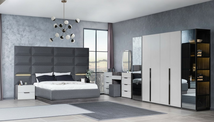 Komplett Schlofkummer Miwwel Set Bett 2x Nuetsdësch Schminktisch Spigel 5-Deeler Neit