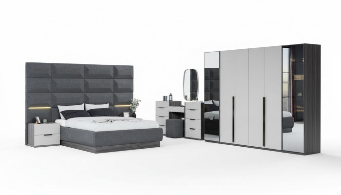 Komplett Schlofkummer Miwwel Set Bett 2x Nuetsdësch Schminktisch Spigel 5-Deeler Neit