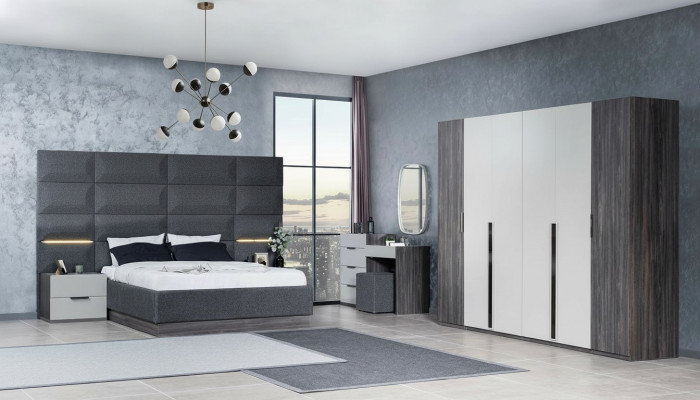 Schlofkummer Bett Nuetsdësch Kleederschaf Komoud mat Spigel Miwwel Set 5tlg