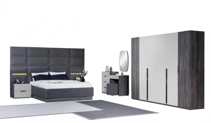 Schlofkummer Bett Nuetsdësch Kleederschaf Komoud mat Spigel Miwwel Set 5tlg