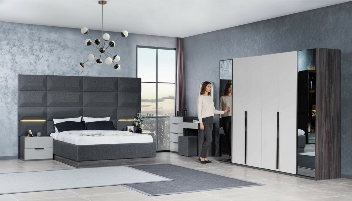 Schlofkummer, Bett, Nuetsdësch, Kleederschaf, Kommode mat Spigel, Miwwelen, Holz, Luxus.