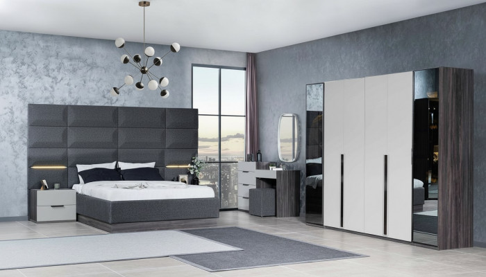 Schlofkummer, Bett, Nuetsdësch, Kleederschaf, Kommode mat Spigel, Miwwelen, Holz, Luxus.