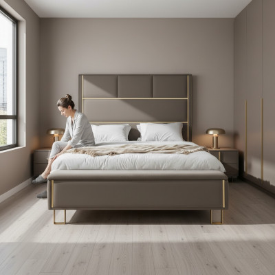 Taupe gepolstert Better Duebelbett Holz Schlofzëmmer Miwwelen Hotel Polster 180x200