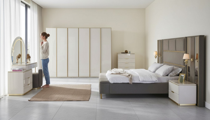Luxus Komplett Schlofzëmmer Set Beige Gold Kommode Bett Nuetsdësch 7tlg. Glanz
