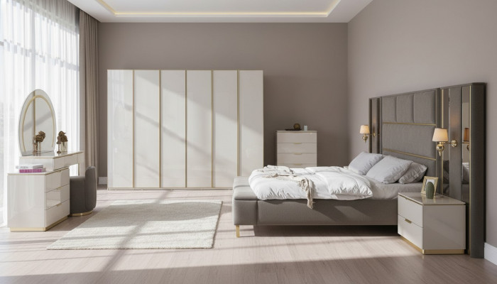 Luxus Komplett Schlofzëmmer Set Beige Gold Kommode Bett Nuetsdësch 7tlg. Glanz