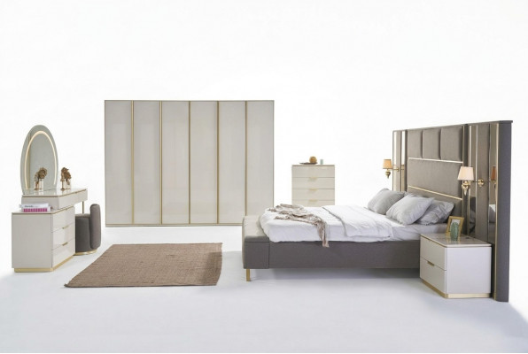 Luxus Komplett Schlofzëmmer Set Beige Gold Kommode Bett Nuetsdësch 7tlg. Glanz
