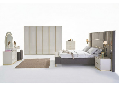 Luxus Komplett Schlofzëmmer Set Beige Gold Kommode Bett Nuetsdësch 7tlg. Glanz