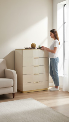 Kommode Beige Holz Luxus Héichschaf Konsol Schief Miwwelen Sideboard Schaf