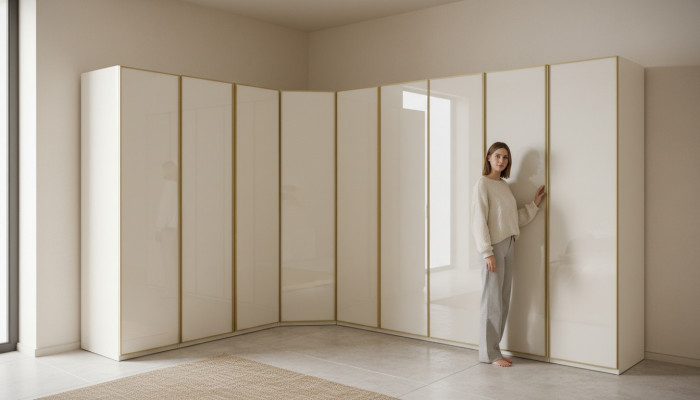 Héichglanz Kleederschaf Schlofkummer Schief Eckschaf Luxus Miwwelen Gold Béisch