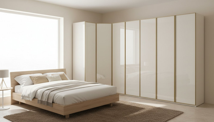 Héichglanz Kleederschaf Schlofkummer Schief Eckschaf Luxus Miwwelen Gold Béisch