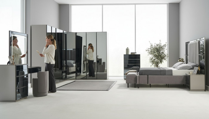 Luxus Glas Schlofkummer Bett Nuetsdësch Eckschaf Kommod Spigel Hocker Gro