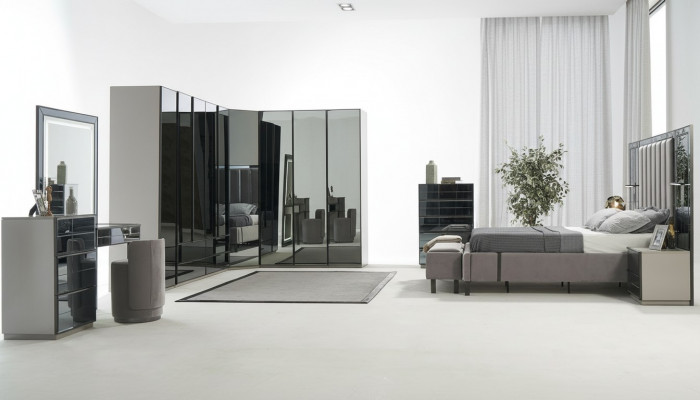 Luxus Glas Schlofkummer Bett Nuetsdësch Eckschaf Kommod Spigel Hocker Gro